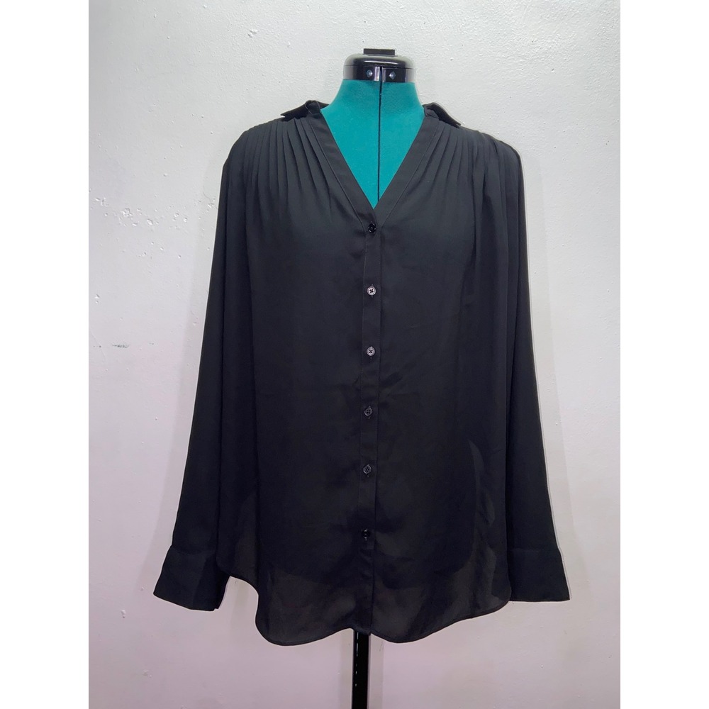Express Womens Black Pleated V-Neck High-Low Chiffon Button Down Flowy Blouse M